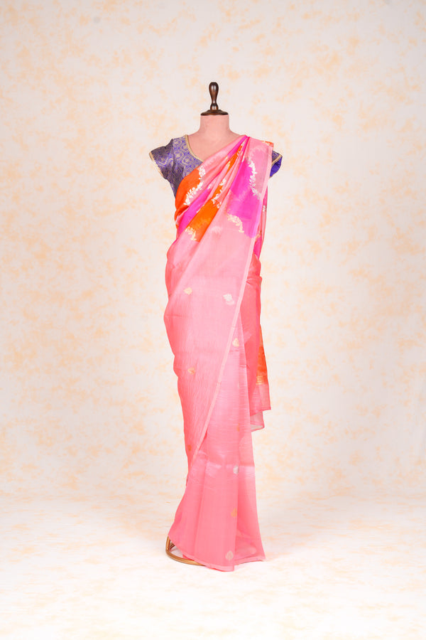 Handloom Kadhua Banarasi Kora Silk Saree - Leheria Floral - Pink, Orange