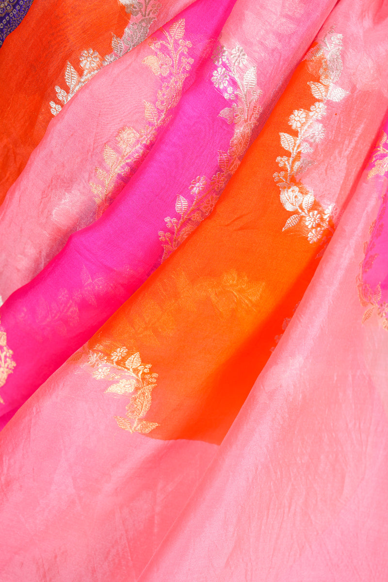 Handloom Kadhua Banarasi Kora Silk Saree - Leheria Floral - Pink, Orange