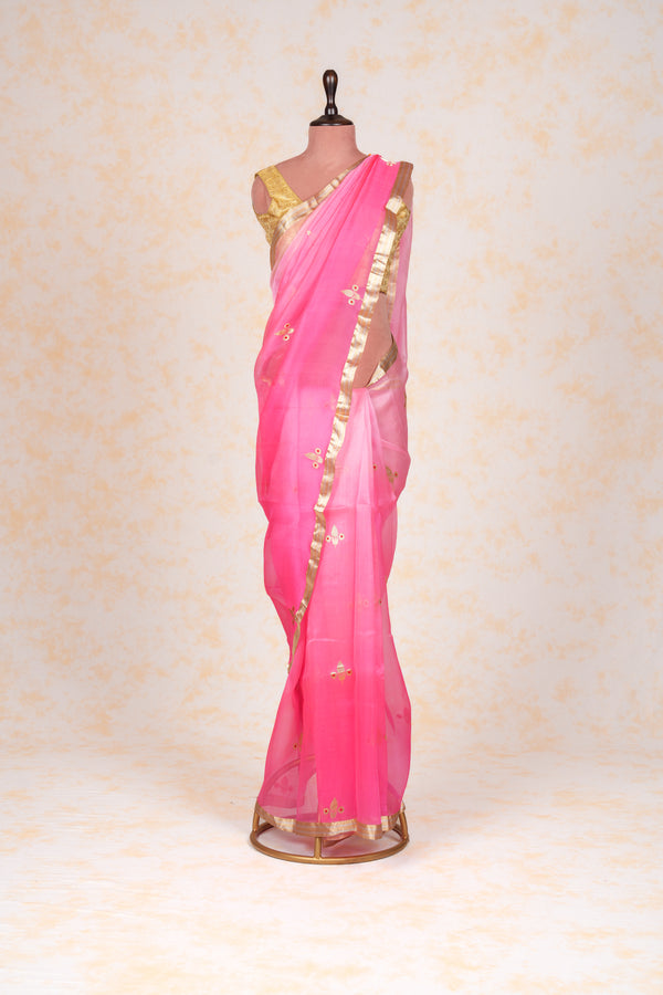 Handloom Kadhua Banarasi Kora Silk Saree - Shaded Butidar - Pink