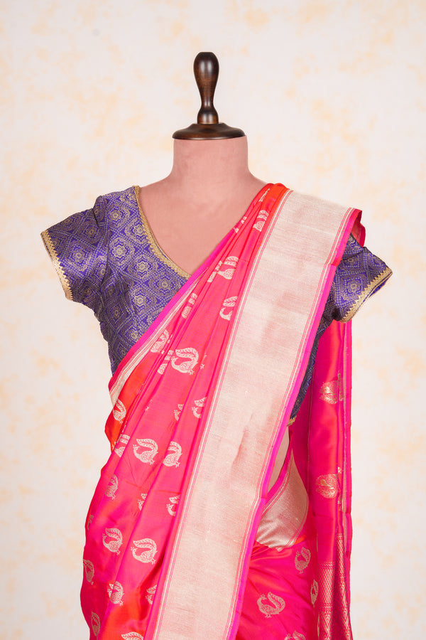 Handloom Kadhua Banarasi Katan Silk Saree - Butidar - Pink Peacock