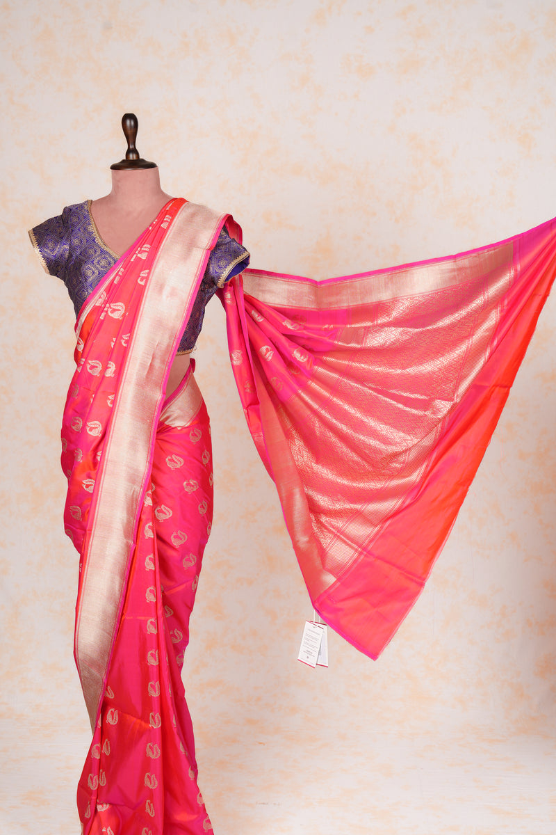 Handloom Kadhua Banarasi Katan Silk Saree - Butidar - Pink Peacock
