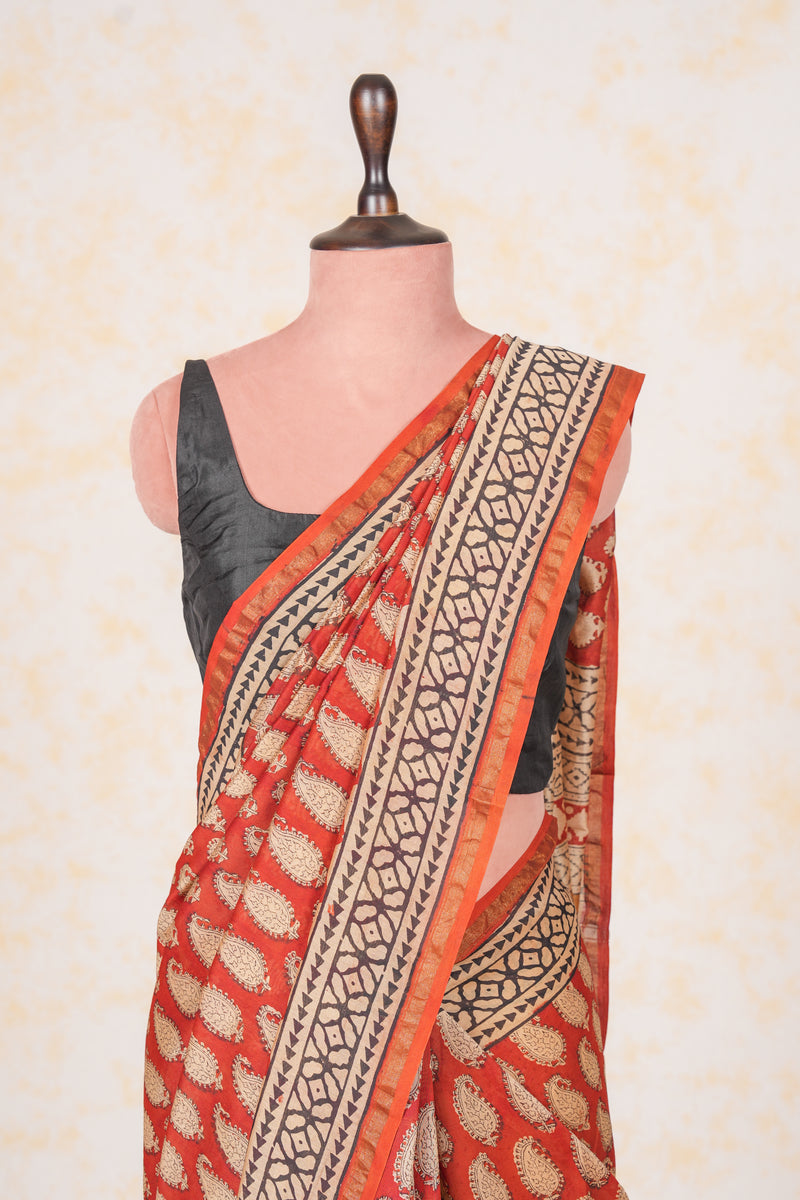 Cotton Hand Block Print Saree - Red Madder Saree