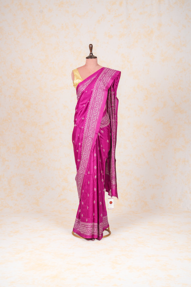 Handembroidered Kantha Silk Saree-Purple Floral Butidar