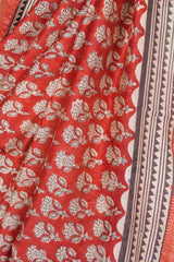Cotton Hand Block Print Saree With Zari Border - Red Off White