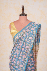 Cotton Hand Block Print Saree - Blue Floral