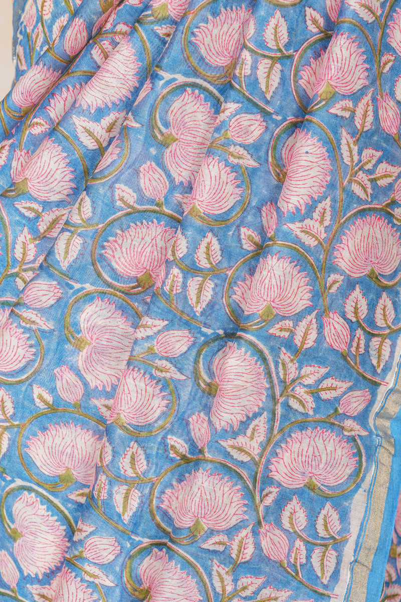 Cotton Hand Block Print Saree - Blue Floral