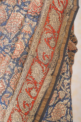 Cotton Hand Block Print Saree - Blue Red