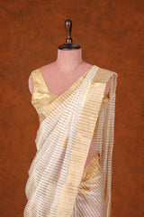 Handloom Cotton Silk Chanderi Saree Off White Striped Floral Buta