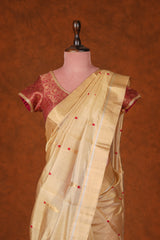 Handloom Cotton Silk Chanderi Saree Gold Red Buta
