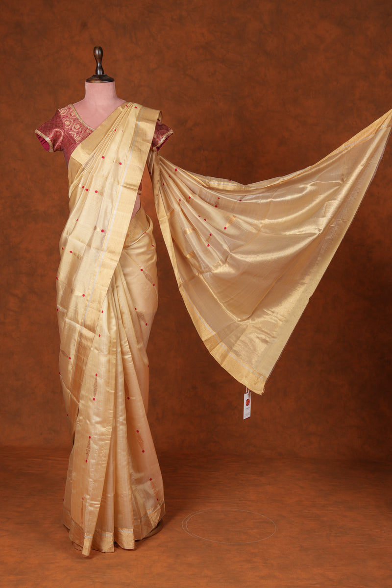 Handloom Cotton Silk Chanderi Saree Gold Red Buta