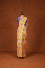 Cotton Hand Block Print Saree - Yellow Floral
