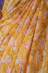 Cotton Hand Block Print Saree - Yellow Floral
