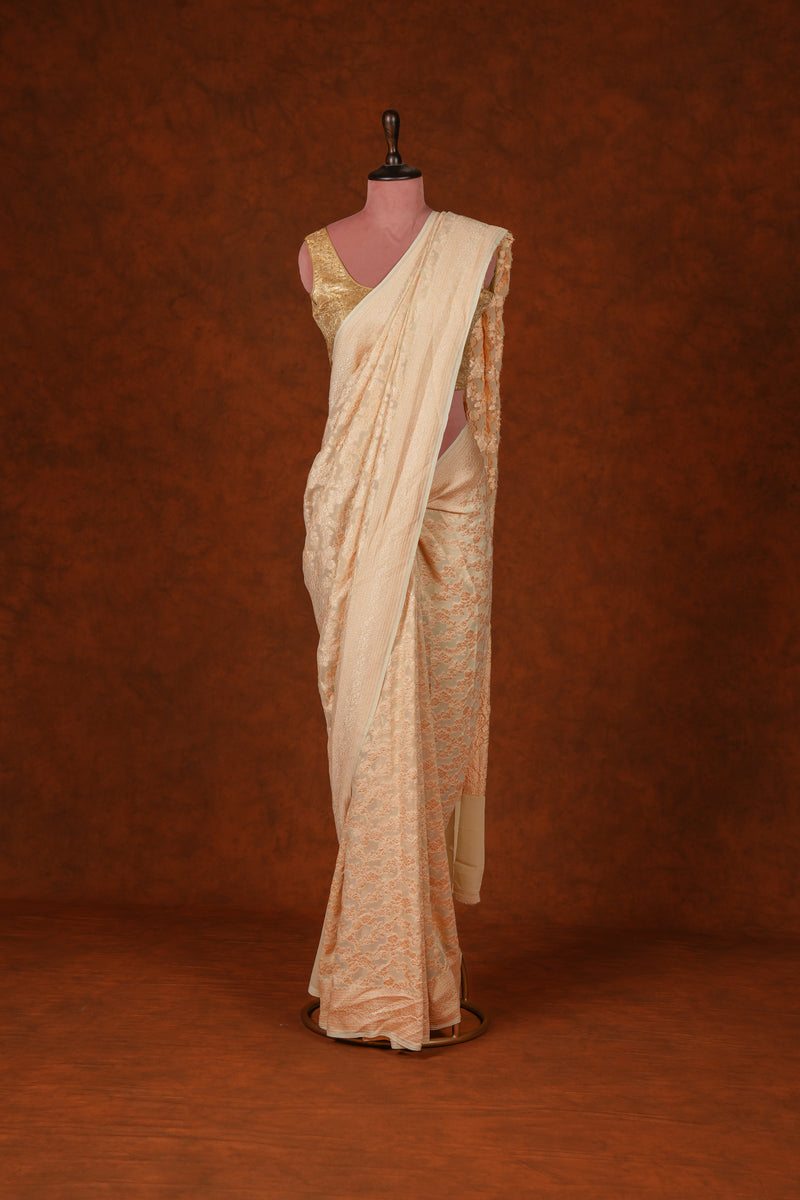 Handloom Georgette Banarasi Silk Saree - Jaal- Off White