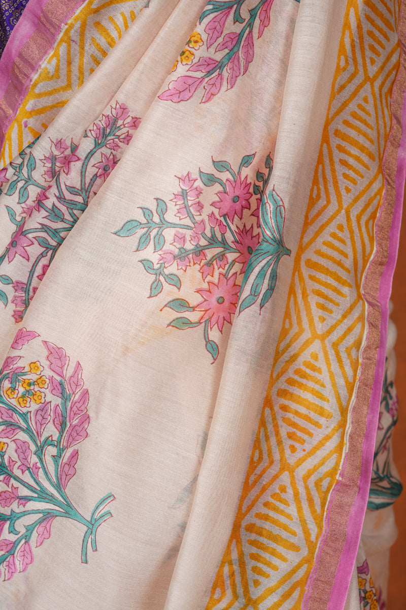 Cotton Hand Block Print Saree - Off White Pink
