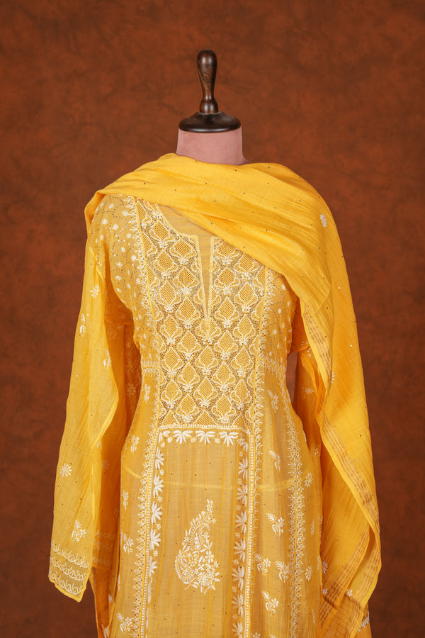 Chikankari Pure Mul Mul Anarkali Suit Set Mukaish Badla Work - Yellow