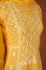 Chikankari Pure Mul Mul Anarkali Suit Set Mukaish Badla Work - Yellow