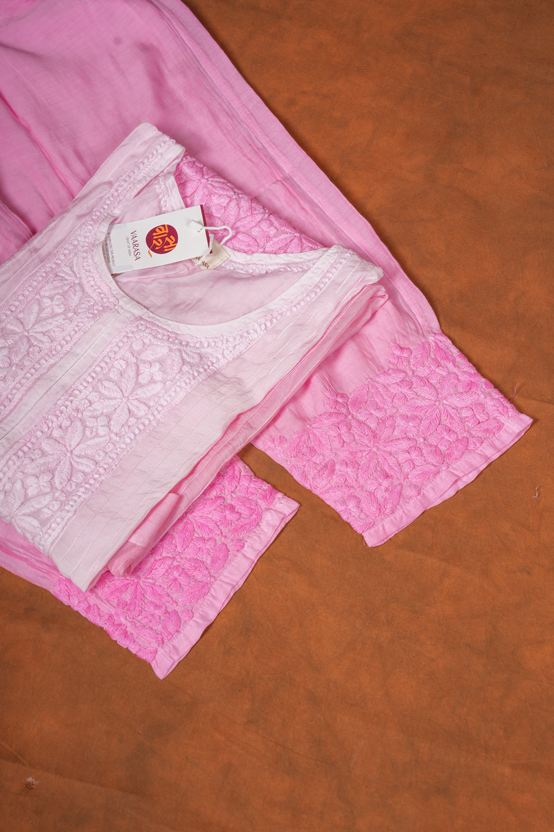 Fine Cotton Chikankari Silk Pant Sets-Light Pink