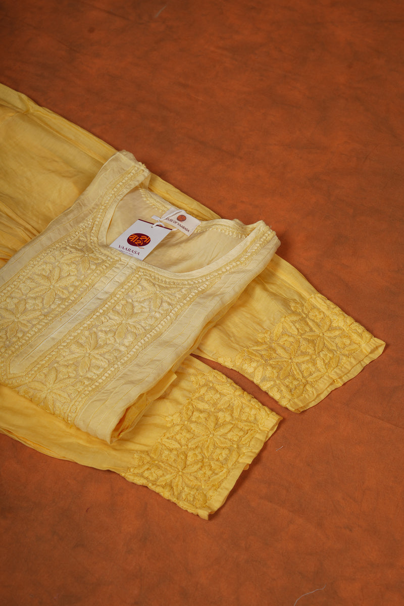 Chikankari Pure Soft Silk Pant Set - Yellow Shaded