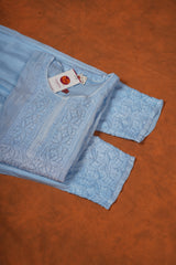 Chikankari Pure Soft Silk Pant Set-Blue
