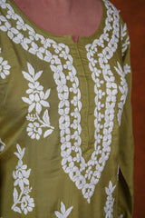 Chikankari Fine Modal Cotton Kurta - Mehendi Green