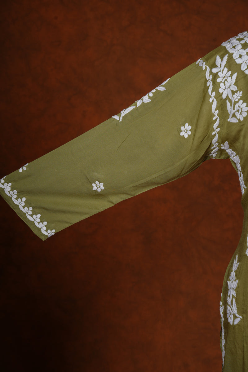 Chikankari Fine Modal Cotton Kurta - Mehendi Green