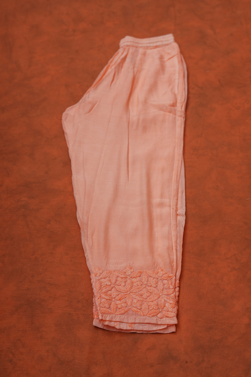 Chikankari Pure Soft Silk Cotton Pant Set - Pastel Orange Shaded