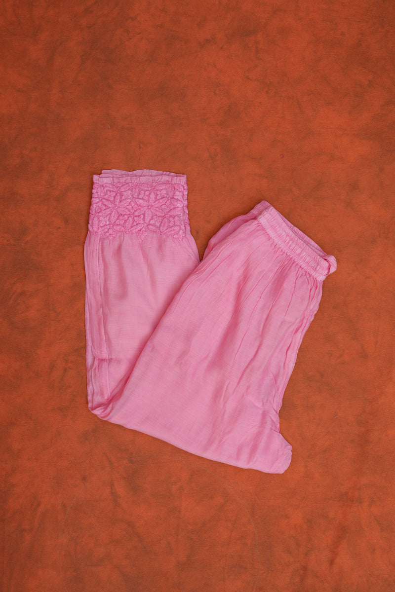 Fine Cotton Chikankari Silk Pant Sets-Light Pink