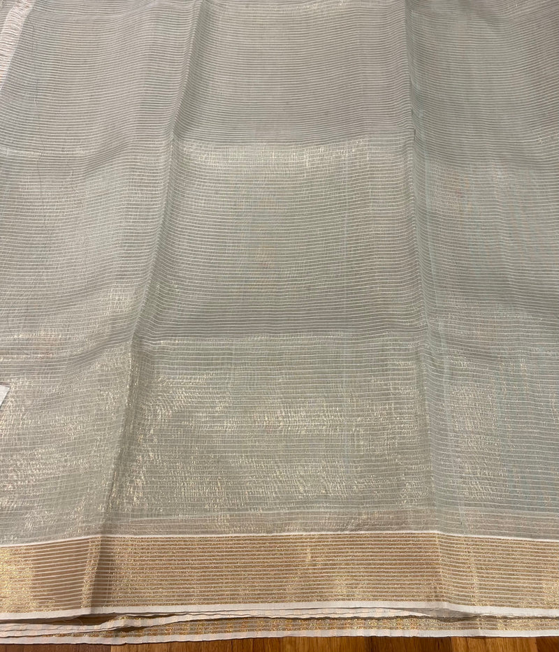 Handloom Chanderi Silk Saree Striped Floral Red Buta - Blue