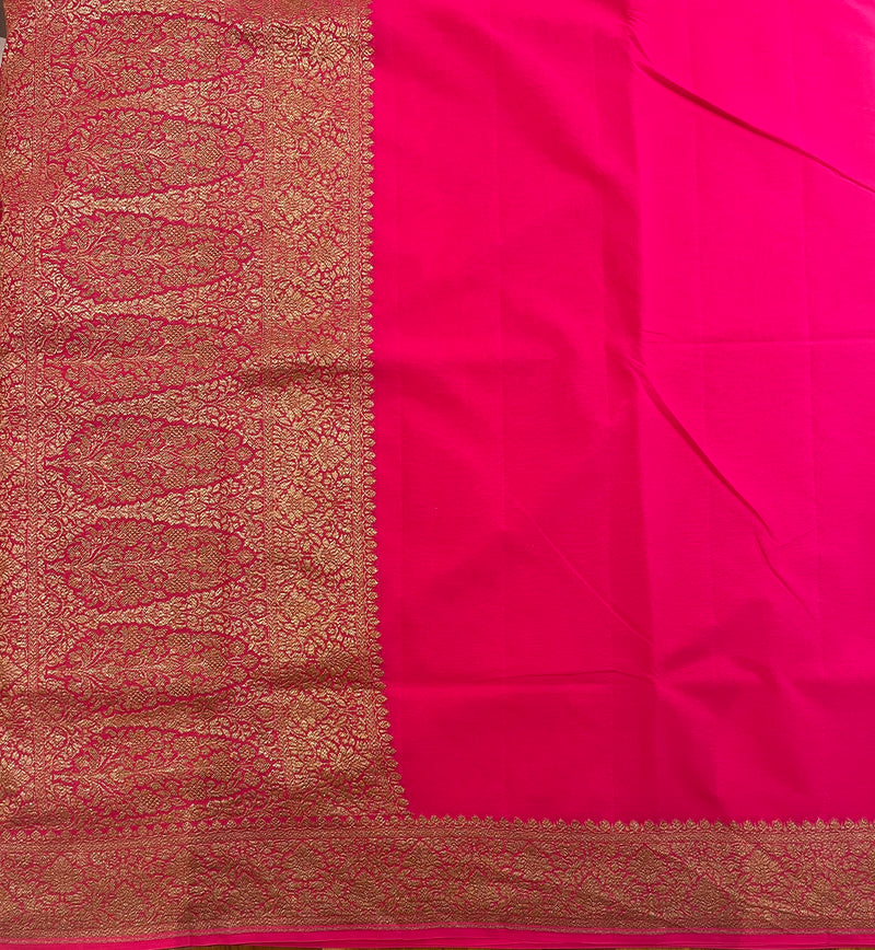 Handloom Fekua Banarasi Khaddi Georgette Silk Saree Plain Body - Fuchsia Pink