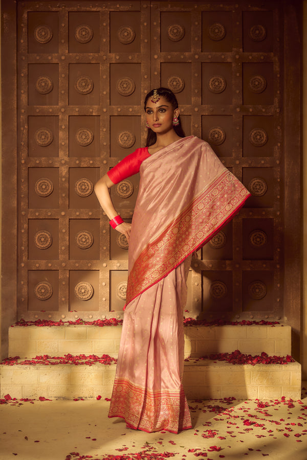 All Gold Zari Banarasi Shalu Pastel Pink  Real Zari Saree- Real gold zari