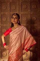 All Gold Zari Banarasi Shalu Pastel Pink  Real Zari Saree- Real gold zari