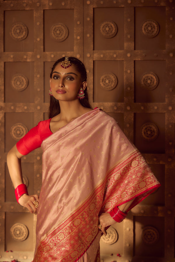 All Gold Zari Banarasi Shalu Pastel Pink  Real Zari Saree- Real gold zari