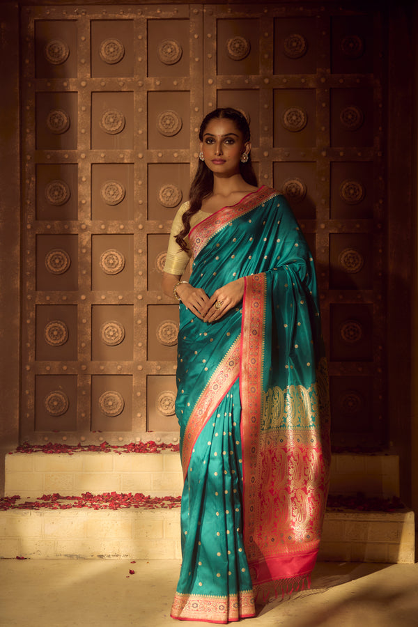 Handloom Handspun Kadhua Banarasi Shalu Silk Satin Saree - Small Border - Sangita- Pink Green