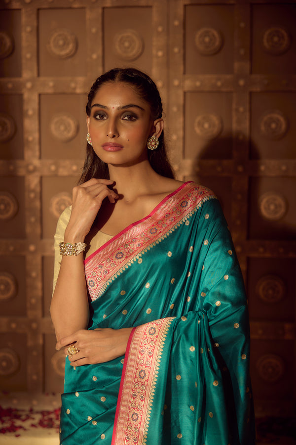 Handloom Handspun Kadhua Banarasi Shalu Silk Satin Saree - Small Border - Sangita- Pink Green