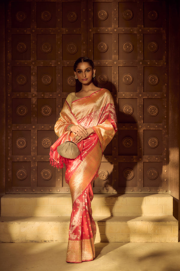 Handlloom Kadhua Banarasi Tissue Silk Saree- Big Border - Red