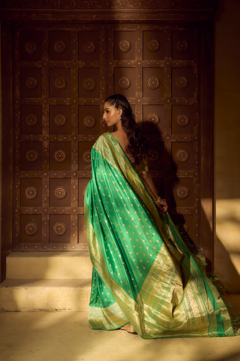 Handlloom Kadhua Banarasi Silk Saree- Big Border - Parrot Green Pink Meena