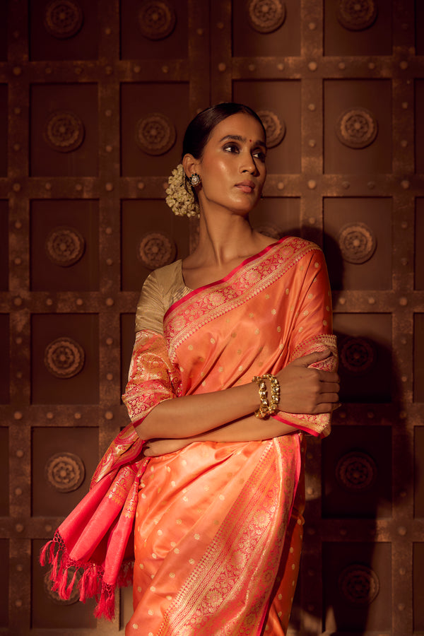 Handloom Kadhua Banarasi Shalu Silk Satin Saree - Sangita - Peach Pink