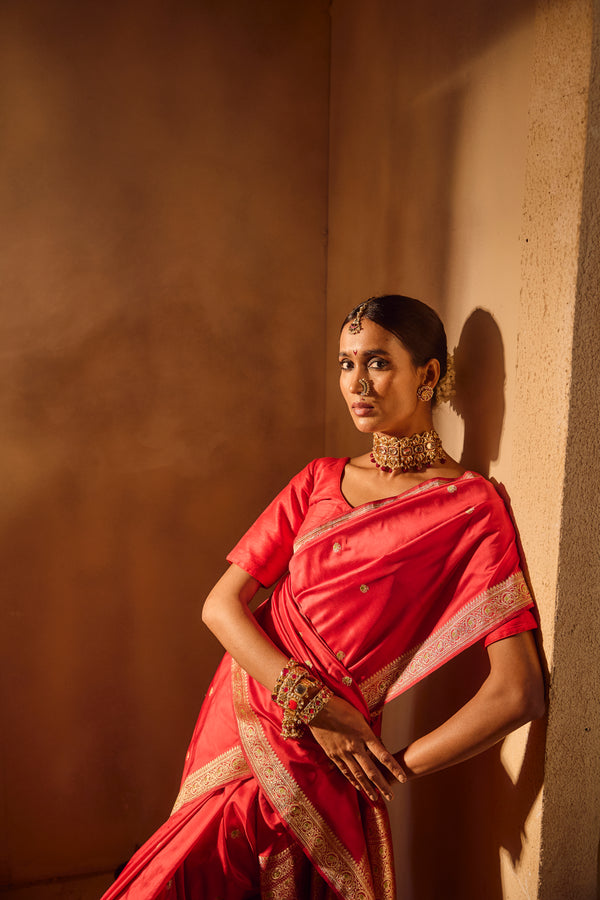 Handloom Kadhua Banarasi Katan Silk Saree Elephant Butidar -Red