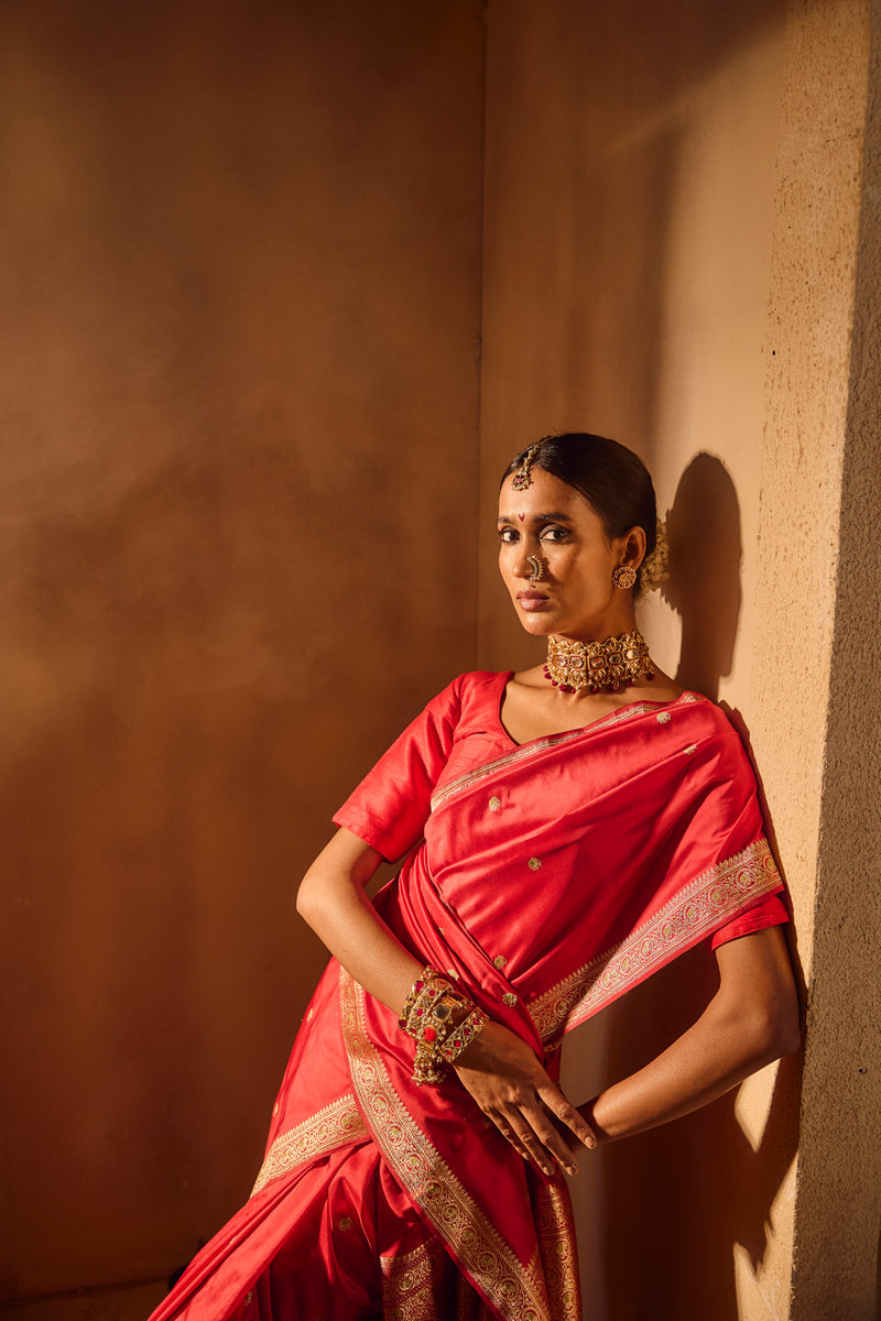 Handloom Kadhua Banarasi Katan Silk Saree Elephant Butidar -Red