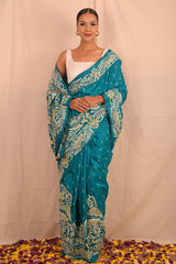 Handembroidered Kantha Silk Saree - Peacock Blue