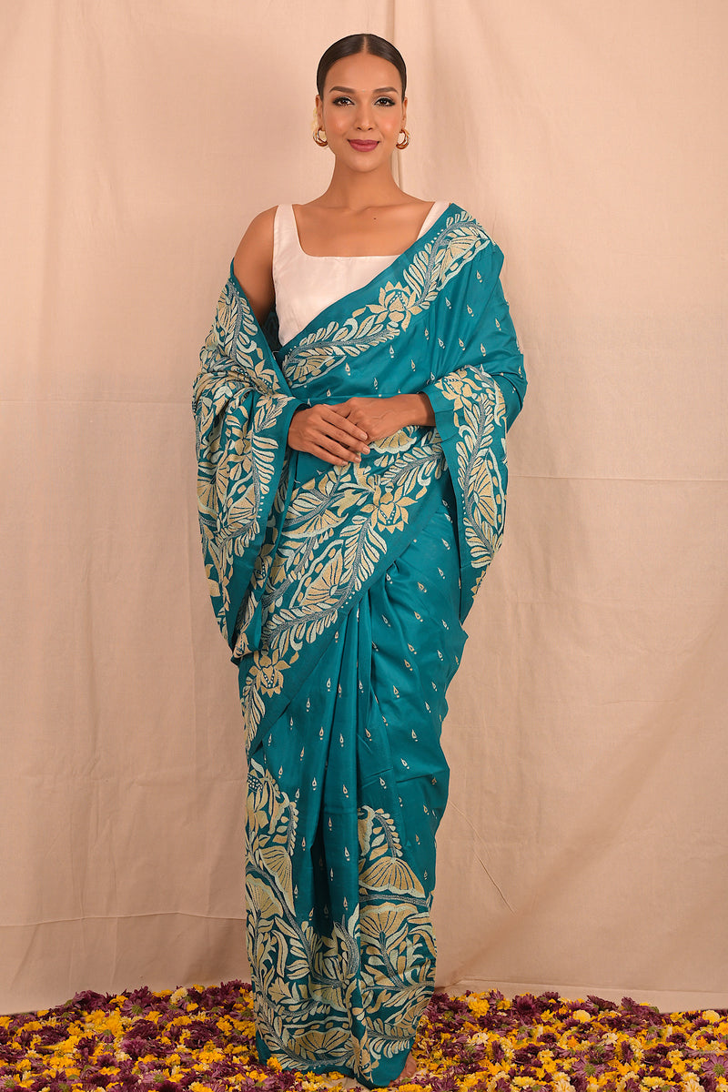 Handembroidered Kantha Silk Saree - Peacock Blue