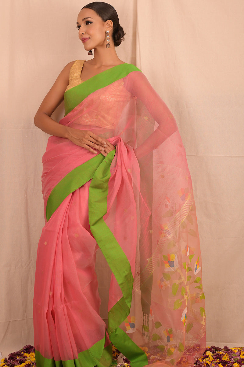 Handwoven Aboli Pink Muslin Jamdani Saree