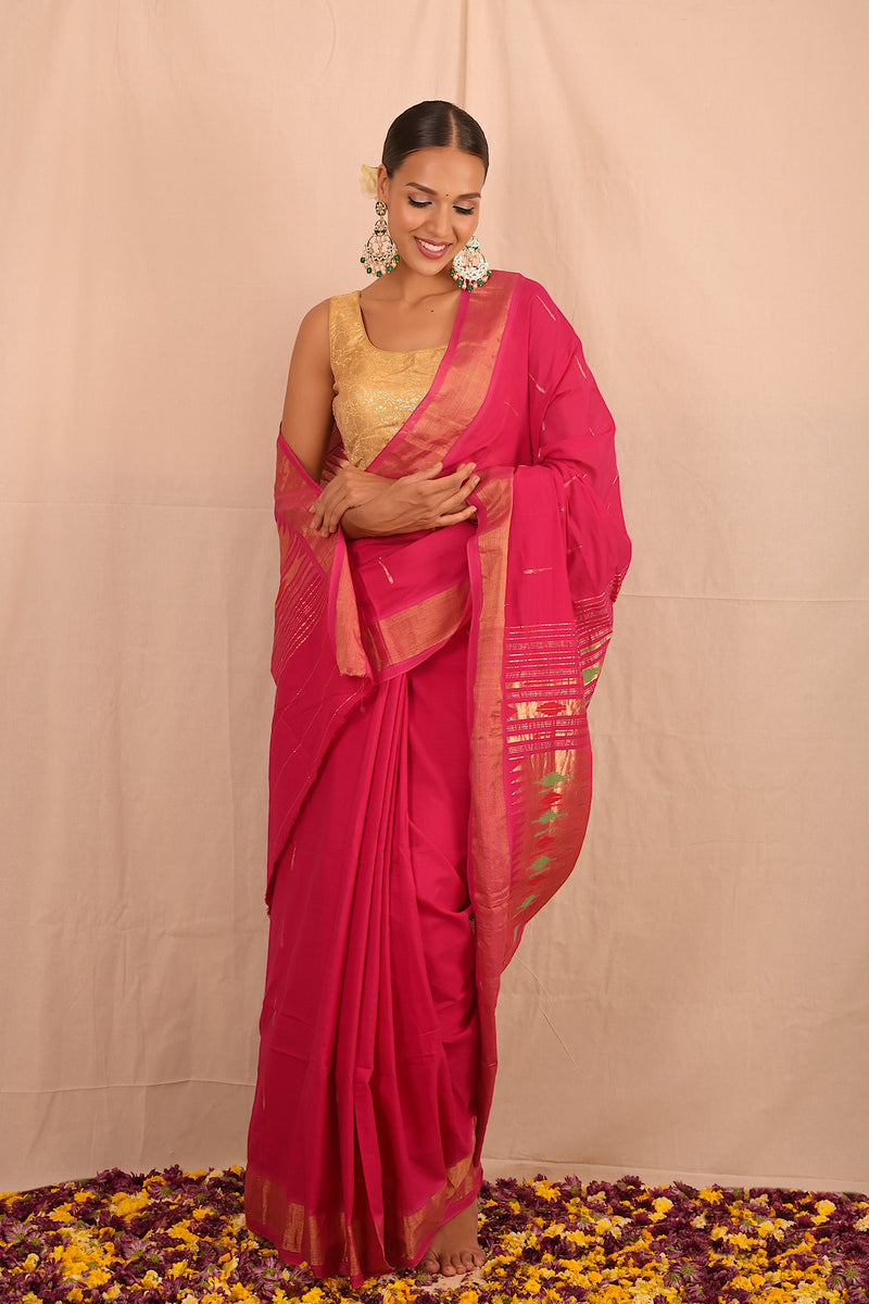 Handwoven Pink & Gold Paithani Saree With Classic Pallu