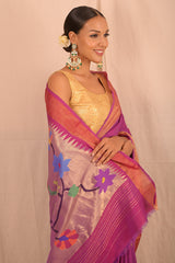Handwoven Purple & Gold Paithani Saree With Floral Motifs