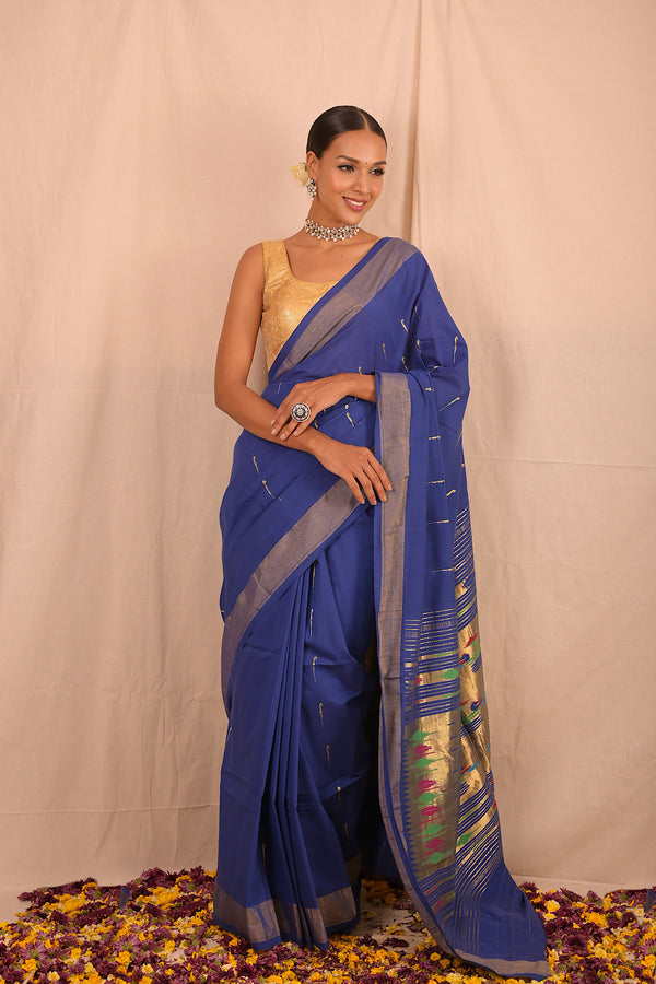 Handwoven Blue & Gold Paithani Saree With Classic Pallu