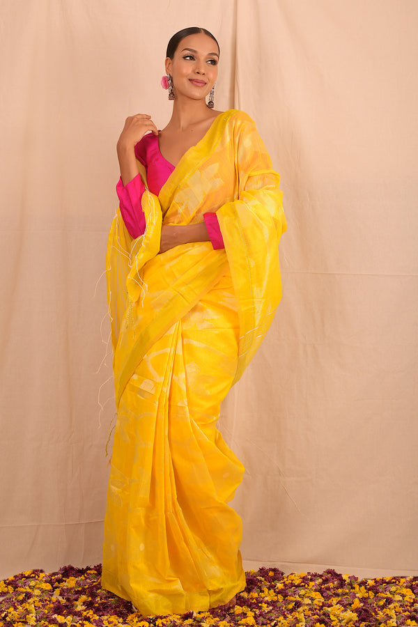Lemon Yellow Jamdani Floral Motif Saree