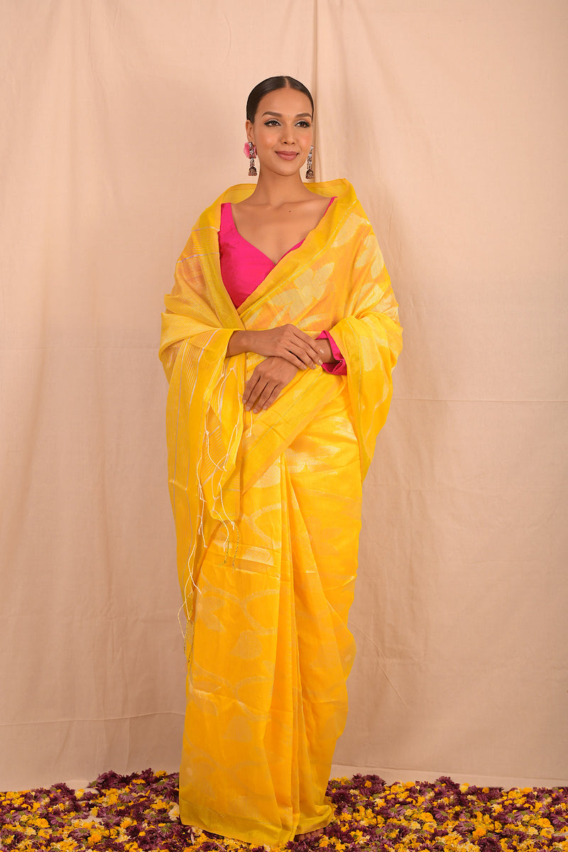 Lemon Yellow Jamdani Floral Motif Saree