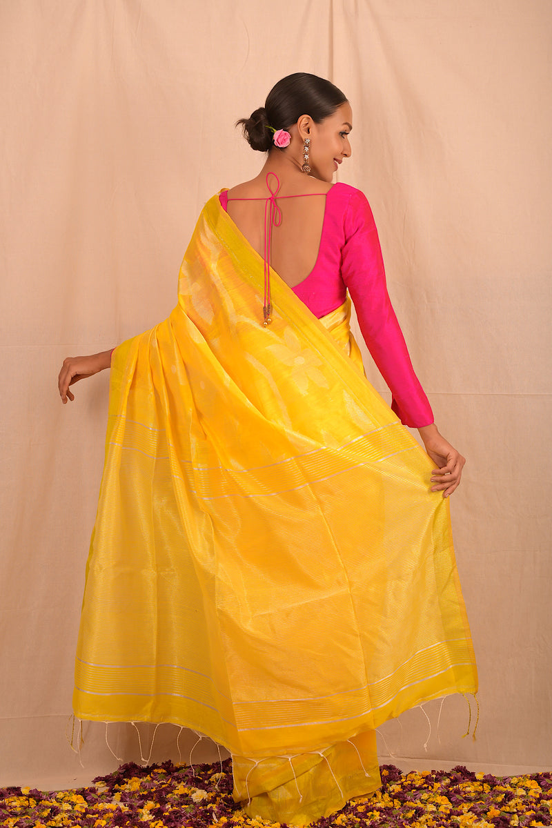 Lemon Yellow Jamdani Floral Motif Saree