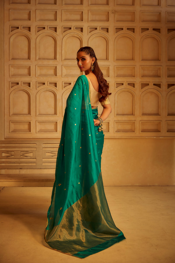 Handloom Silk Chanderi Saree - Mini Round Buta With Red Mina - Peacock Green