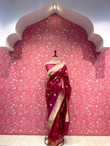 HOV Handloom Banarasi Katan Silk Saree - Butidar Kadhua - Deep Brown Minakari Green Pink- 061